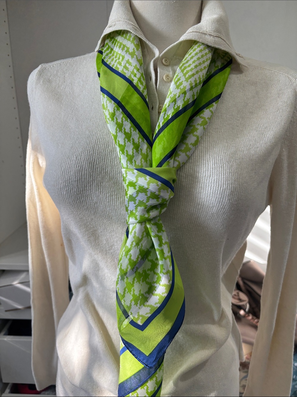 Adrienne Vittadini Lime Green & Navy Houndstooth Silk Scarf
